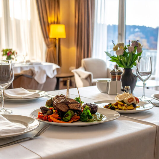 Gemütlicher Restaurantbereich im Hotel Zum Hombachtal mit gedeckten Tischen.