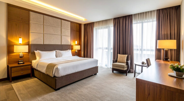 Helles, gemütliches Hotelzimmer mit Doppelbett