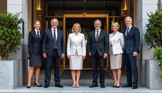 Lächelndes Hotelteam vor dem Haus