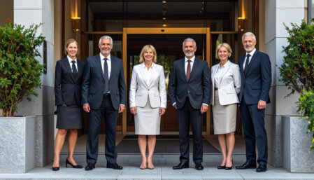 Lächelndes Hotelteam vor dem Haus